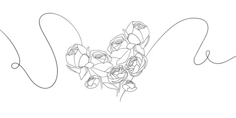 Roses in a heart in line art style on a white background. 8 March. Woman day. Vector illustration
