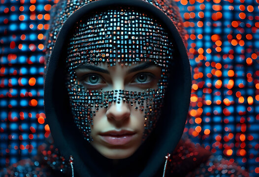 Woman with a glittering mask and hoodie against a bokeh light background.