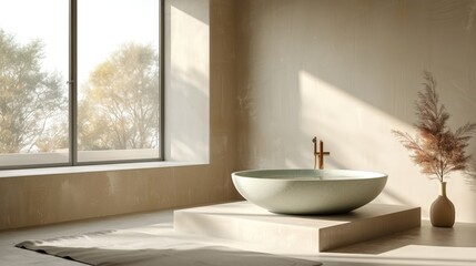 Interior of modern bathroom with bathtub, panoramic window.