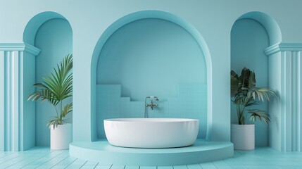 Blue bathroom with white bathtub and turquoise walls.