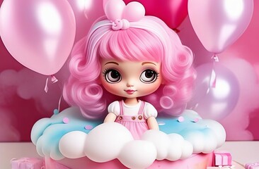 Obraz na płótnie Canvas A doll with pink hair sits o n a birthday cake. Happy birthday. Children's holiday. card. Invitation. Girl