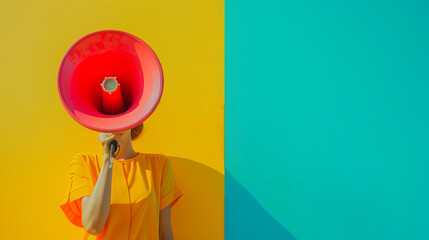 Screaming in megaphone. Exultant happy vivid woman 30s hold scream in megaphone announces discounts sale Hurry up isolated on plain pastel light yellow background studio portrait. Generative AI. 