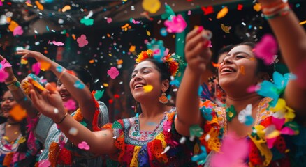 A lively group of women joyfully celebrate at a vibrant festival, their faces adorned with colorful...