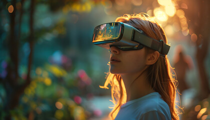 Woman with virtual reality glasses, girl wearing VR goggles in the park in futuristic city, New modern technologies of integrated reality. Cyberspace and metaverse, augmented experience