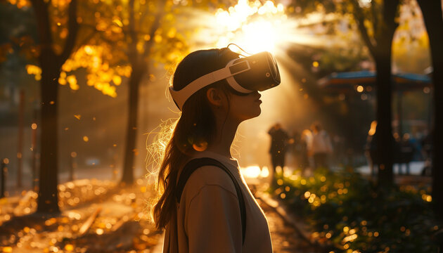 Woman with virtual reality glasses, girl wearing VR goggles in the park in futuristic city, New modern technologies of integrated reality. Cyberspace and metaverse, augmented experience
