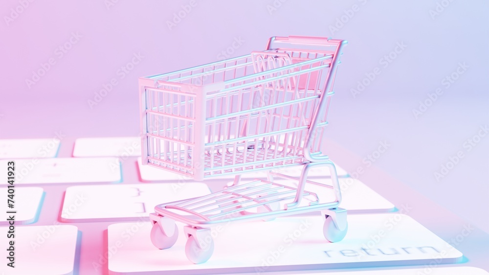 Poster this illustration depicts a shopping cart placed atop a keyboard background, merging the concepts of