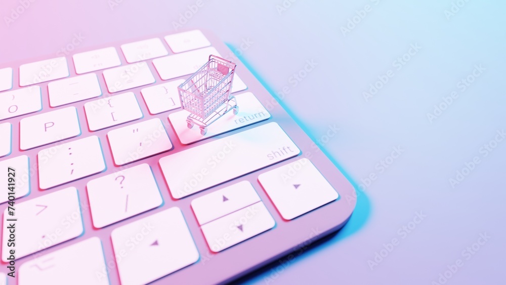 Aufkleber This illustration depicts a shopping cart placed atop a keyboard background, merging the concepts of online shopping and digital technology.