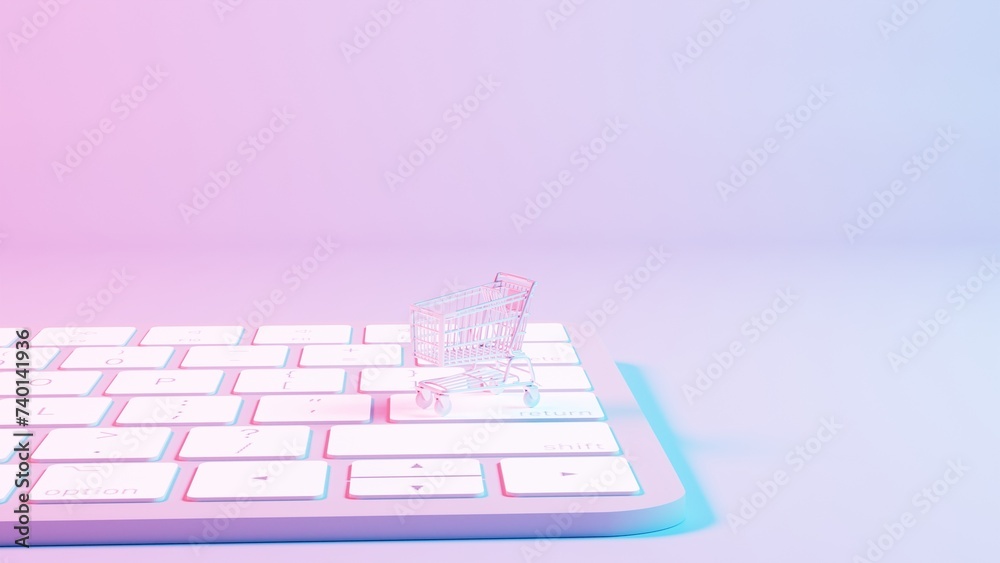 Poster This illustration depicts a shopping cart placed atop a keyboard background, merging the concepts of online shopping and digital technology.