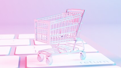 This illustration depicts a shopping cart placed atop a keyboard background, merging the concepts of online shopping and digital technology.