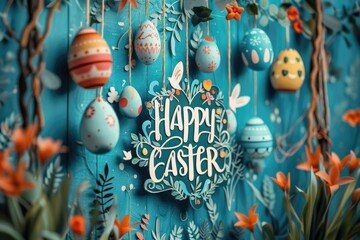 text "happy Easter" and pastel colored eggs on blue . ai generated