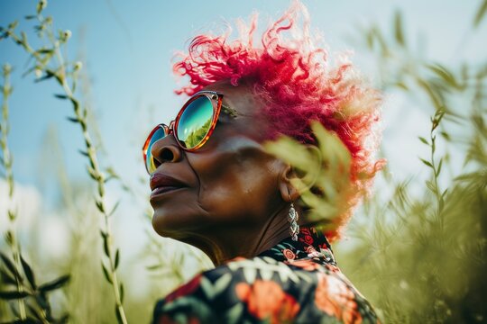 looking at camera, fashion editorial, elder Black woman, pink hair, bright, big sunglasses, portrait