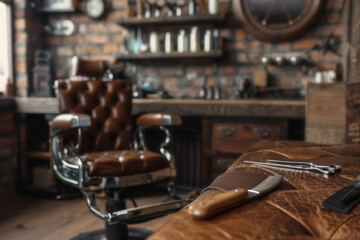 A modern hairdresser's workplace in vintage style with an emphasis on a leather chair and tools