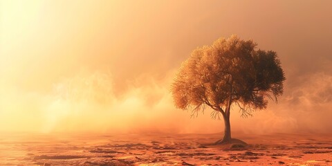 Lone tree in vast desert landscape during sandstorm in Sahara desert. Concept Nature Photography, Desert Landscape, Sandstorm, Sahara Desert, Lonely Tree