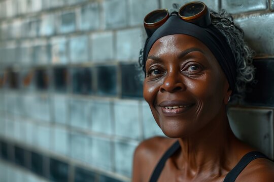 professional portrait of a smiling elderly black woman in a black speedo swimming costume and swimming hat and goggles on her forehead, tiled white wall behind her