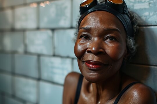 professional portrait of a smiling elderly black woman in a black speedo swimming costume and swimming hat and goggles on her forehead, tiled white wall behind her