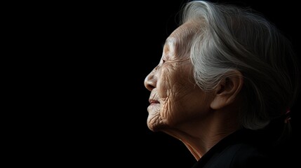 Black background, elderly Chinese person, profile