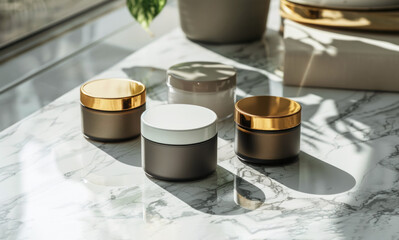 Elegant cosmetic jars with gold lids on a marble surface, the play of light and shadow emphasizes sophistication and modern design