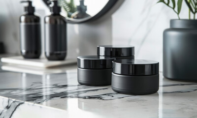 Black matte cosmetic jars are elegantly positioned on a marble surface