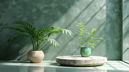 Round podium with green plant in vase.