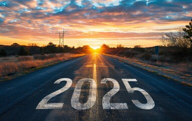 The number '2025' emblazoned on the road captures a sunset journey into the future. Vibrant hues fill the sky as the day's last light reflects on the path ahead, symbolizing hope and progression. - obrazy, fototapety, plakaty