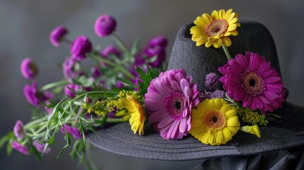 Obraz na płótnie Canvas the hat and the vibrant hues of purple ranunculus and yellow gerberas adorning its brim, highlighting the beauty of nature's palette in a stylish and sophisticated display.