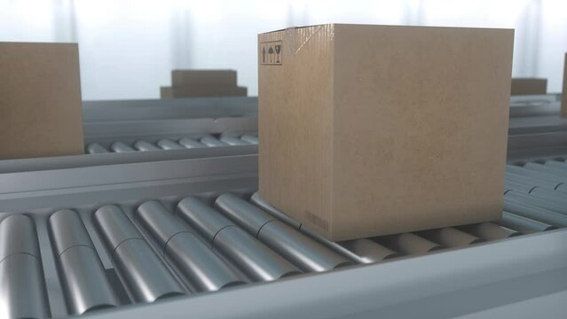 Cardboard boxes on conveyor belt line. Distribution warehouse. Delivery and packaging service concept
