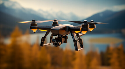 black and yellow quadcopter in flight with digital camera for photography or surveillance