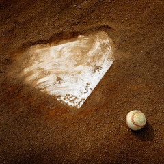 Old Leather Baseball on Field by Home Plate or Base