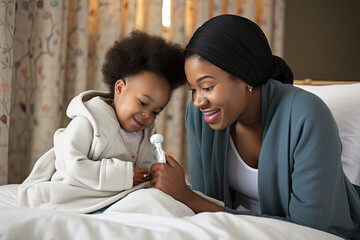 Mother and Toddler Enjoying Morning Routine with Thermometer - obrazy, fototapety, plakaty