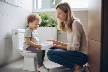 Joyful potty training moments with mother and child.