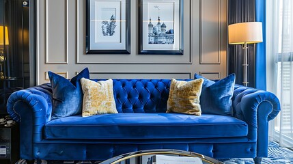 a guest room with a velvet tufted sofa in royal blue, adding a touch of glamour to the space