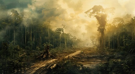 Sustainability concern: forest devastation highlights need for reforestation and regeneration. Generated by AI - obrazy, fototapety, plakaty
