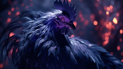 a solitary hen with feathers that seem to absorb and reflect all light - obrazy, fototapety, plakaty