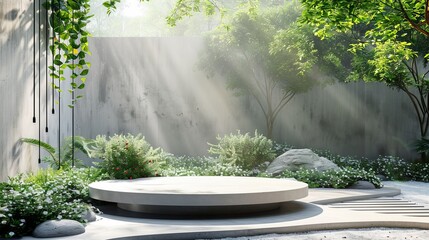 Empty round stage in the garden with foggy background