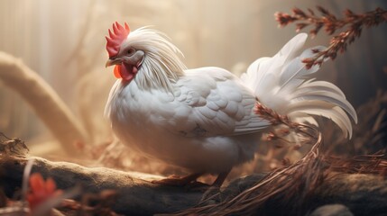 Fototapeta premium a solitary hen with feathers that seem to absorb and reflect all light