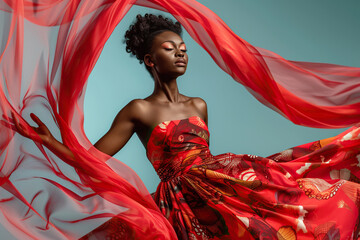 Beautiful African Woman in Cherry waving dress with flying fabric on studio background.