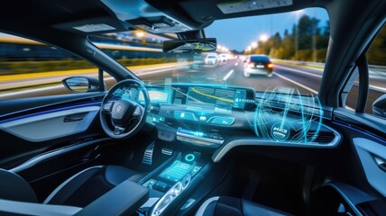 Driver's view inside autonomous vehicle with high-tech control dashboard, holographic controls and panoramic views of a scenic highway