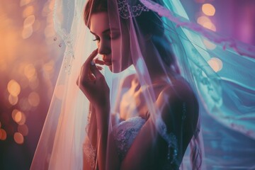 a bride fixing her veil in a wedding dress, A close-up of a bride in a lace-embellished veil, showing the fine details of her wedding gown and the delicate fabric against her face. - obrazy, fototapety, plakaty