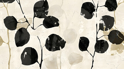 Painting of black leaves on white background, resembling tree branches
