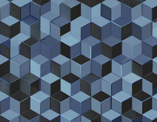 Abstract cubes geometric tile and mosaic wall or grid backdrop hexagon technology wallpaper background. Black and blue geometric block cube structure backdrop grid triangle texture vintage design