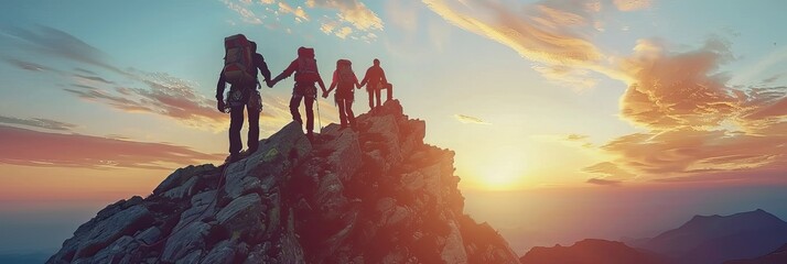 A group of hikers at a mountain top overlooking a stunning view at sunset. Teamwork and success...