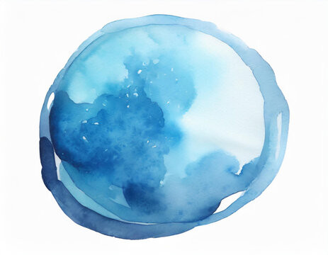 Blue watercolor paint round shape with liquid fluid isolated