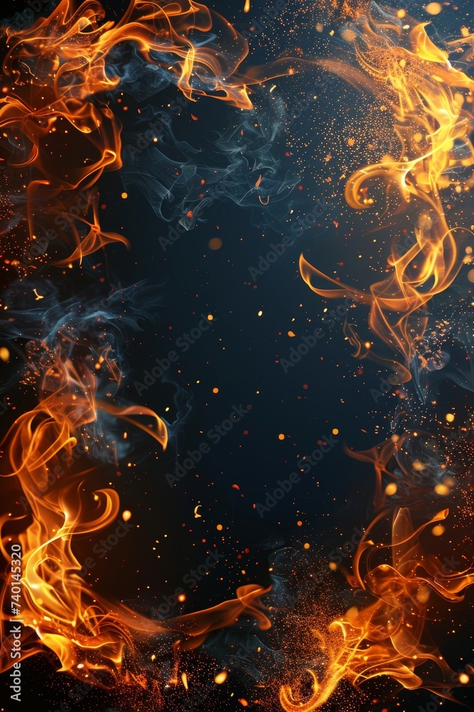 Poster frame of fire against a black backdrop. the flames illuminate the darkness, creating a striking visu
