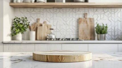 Empty round wooden podium on white marble table