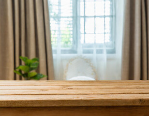 Fototapeta na wymiar Empty wooden table in baby room interior