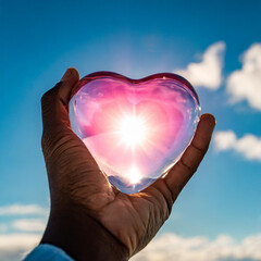 glass anatomical human heart with a light pink light inside against a blue cloudy sky