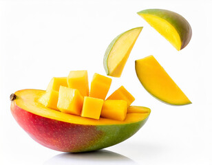 Falling mango fruits slices isolated on white background