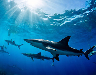 Fototapeta premium Group of Pelagic silky sharks (Carcharhinus falciformis) swim in formation beneath the surface of the ocean. Jardines de la Reina, Gardens of the Queen National Park, Cuba. Caribbean Sea