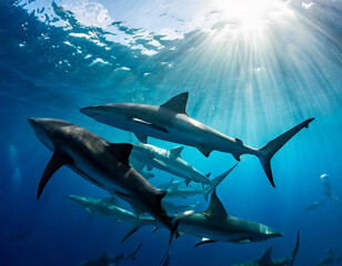 Obraz premium Group of Pelagic silky sharks (Carcharhinus falciformis) swim in formation beneath the surface of the ocean. Jardines de la Reina, Gardens of the Queen National Park, Cuba. Caribbean Sea