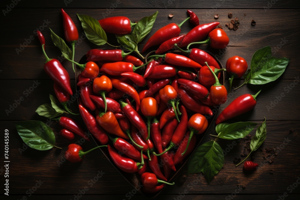 Poster A heart shaped box is filled with vibrant red peppers, creating a visually striking image. The peppers are neatly arranged, showcasing their rich color and distinct shape